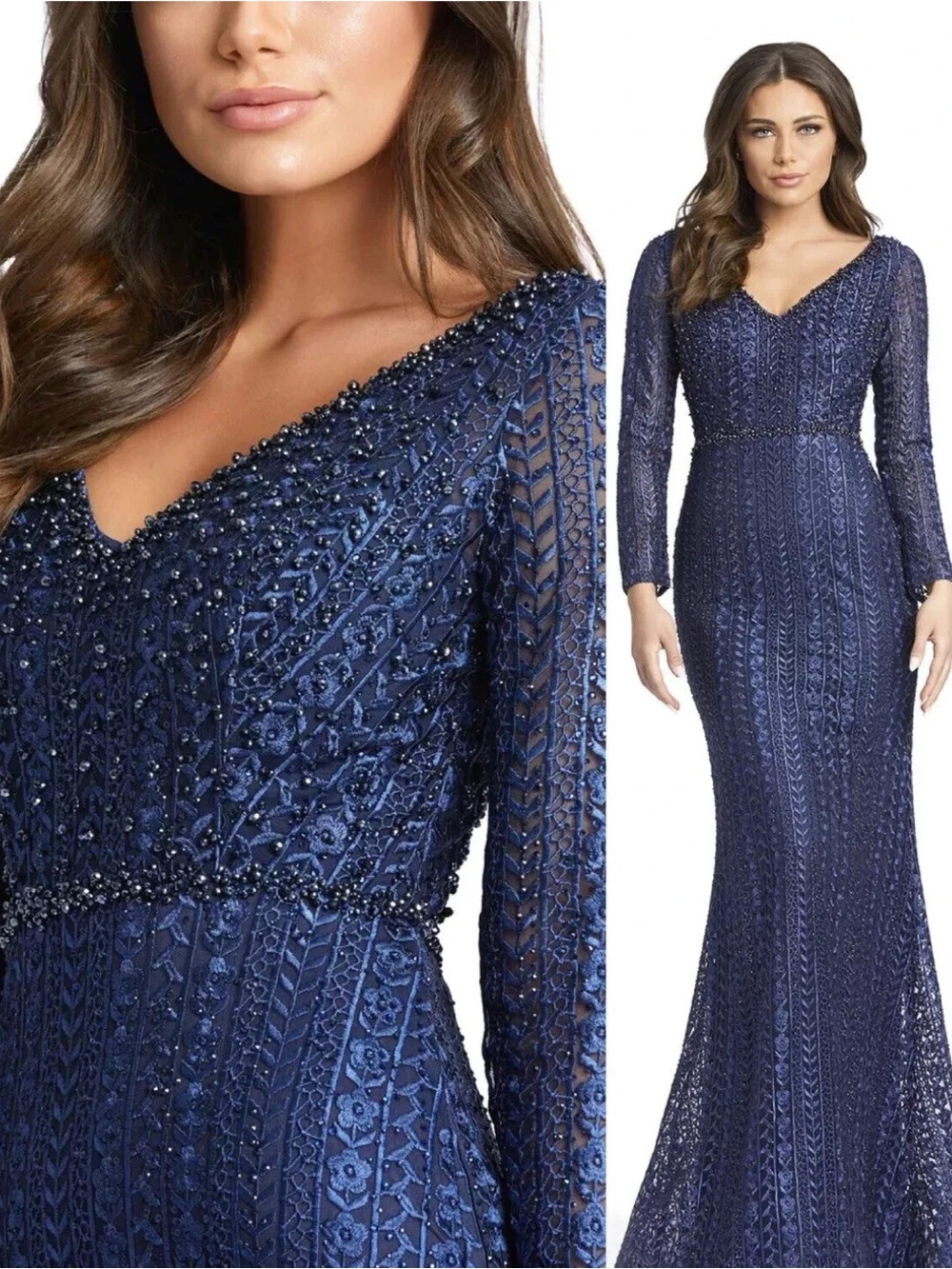 Mac Duggal Navy Beaded V-Neck Long Sleeve Evening Gown